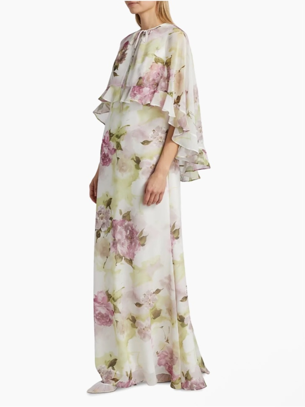 Teri Jon by Rickie Freeman Floral Chiffon Ruffle Capelet Gown Cream Green Pink - Picture 3 of 14